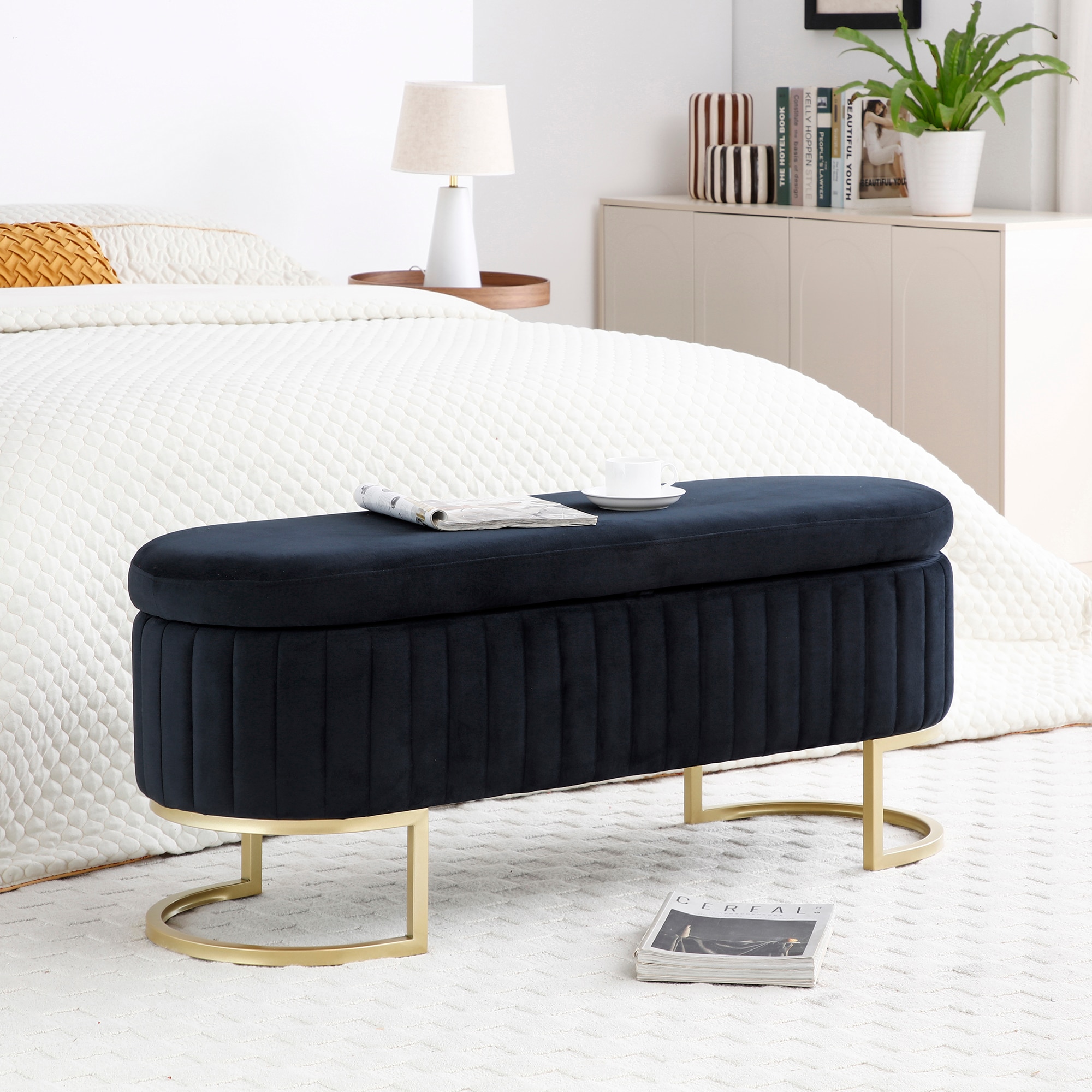 Storage Bench Bedroom Bench, Velvet Oval Upholstered Bed Bench With Golden Metal Legs,Storage Ottoman Bench For Bedroom, Living Room,Entryway,Black_voghion.com